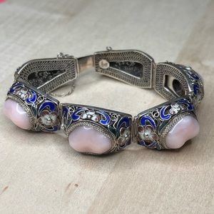 Antique Vintage Silver 925 Filigree Chinese  Bracelet With Rose Quartz